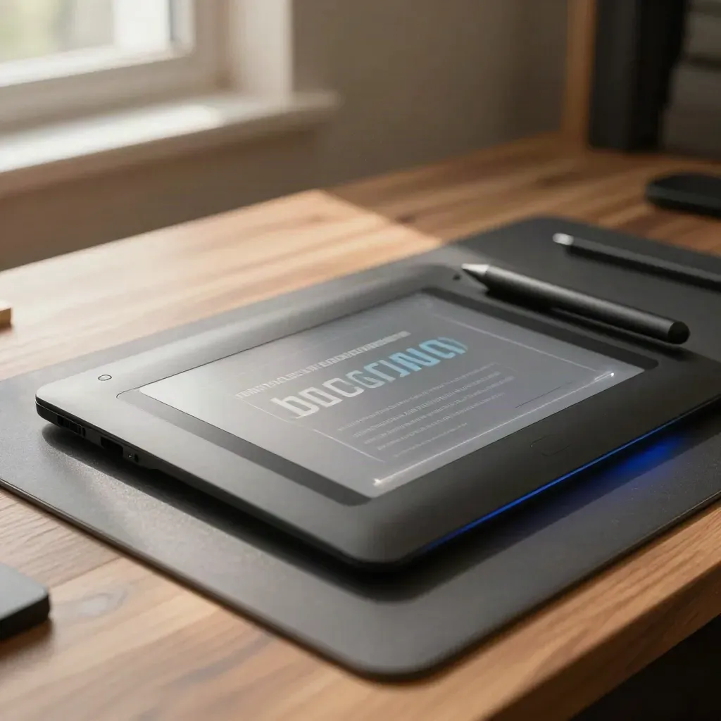 Graphics tablet, stylus and acetate shapes on a warm studio desk with sunlit reflections.