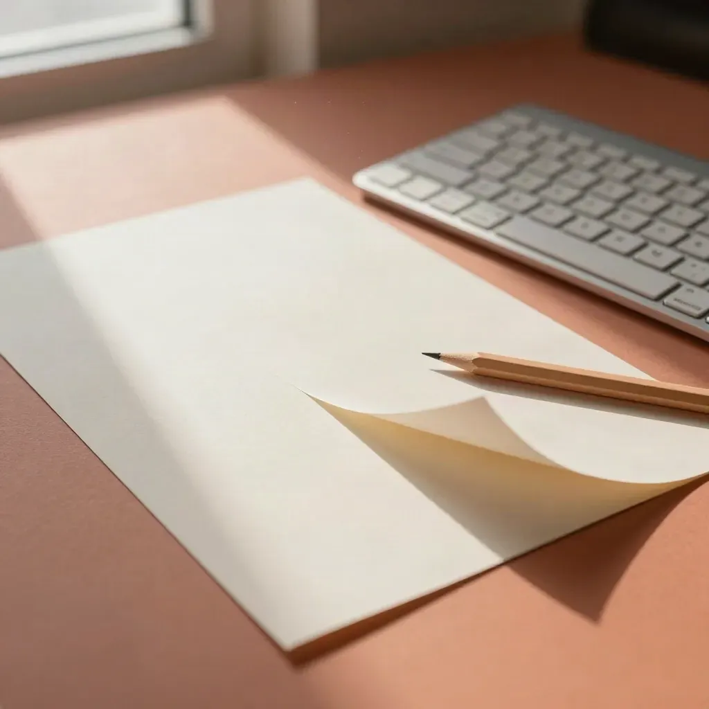Paper strips, pencil, proof sheet and keyboard edge on a studio bench with coral accent
