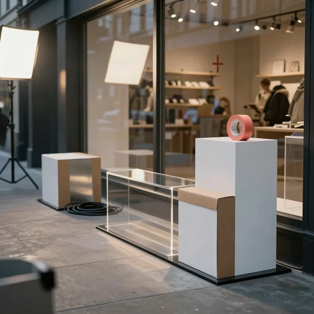 Low-angle retail window launch set with plinths, floor markers and glass reflections at dusk.