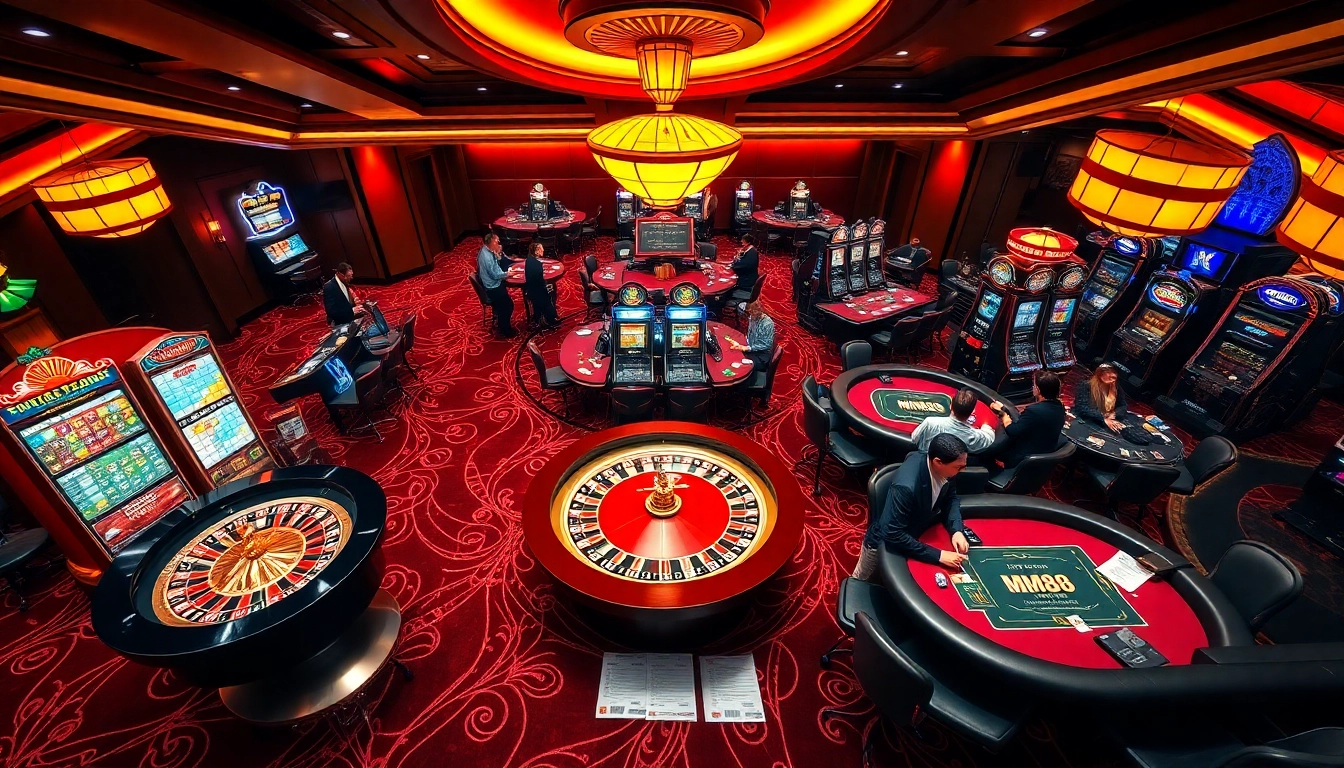 Experience MM88 excitement at a luxurious casino scene with vibrant roulette and poker games.