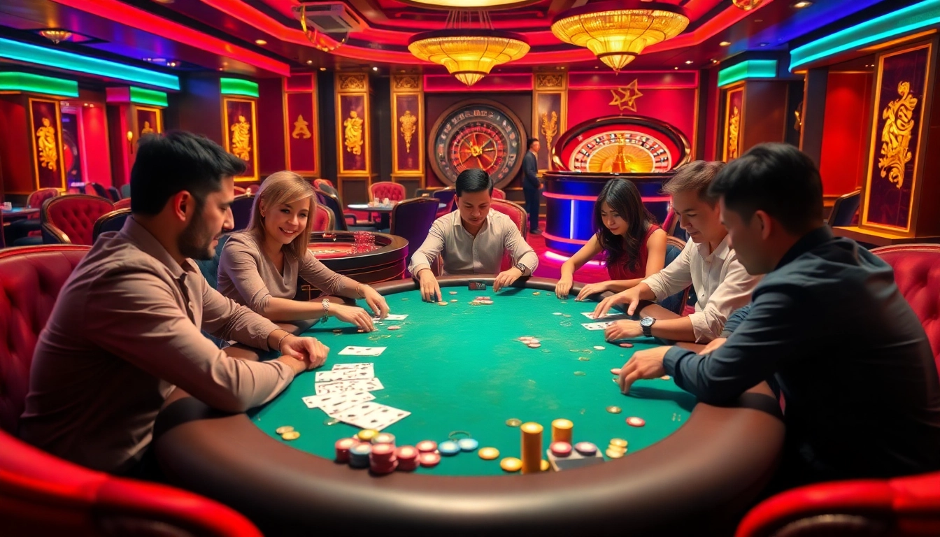 Players intensely strategizing at a game bài đổi thưởng poker table in a vibrant casino setting.