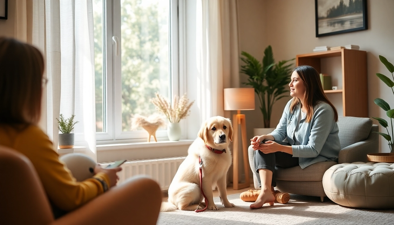 Engage in effective anxiety treatment Sydney with compassionate psychologist and therapy dog in a cozy setting.