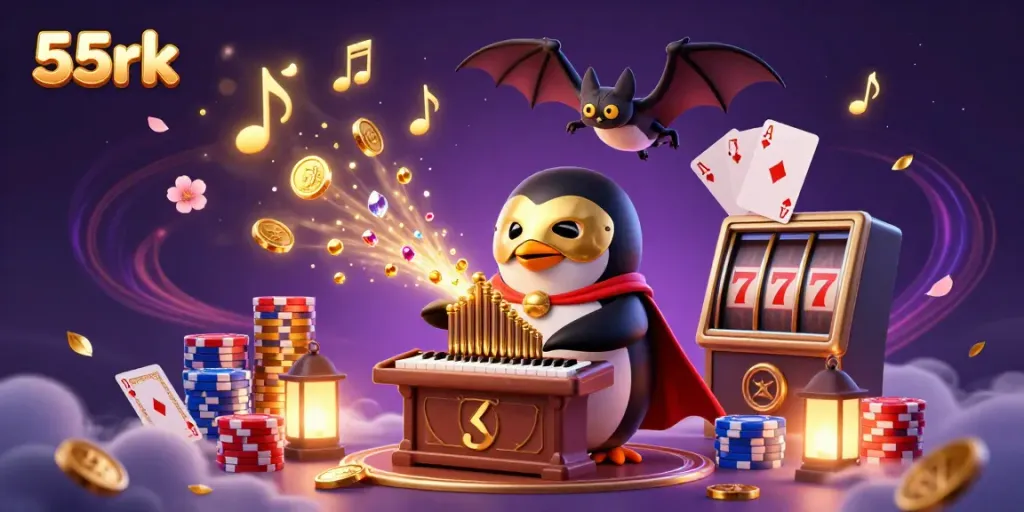Experience the thrill at 55rk with a penguin playing an organ amidst gold coins and poker chips.