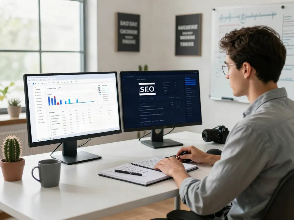 SEO expert optimizing instant indexing strategies in a vibrant digital workspace.