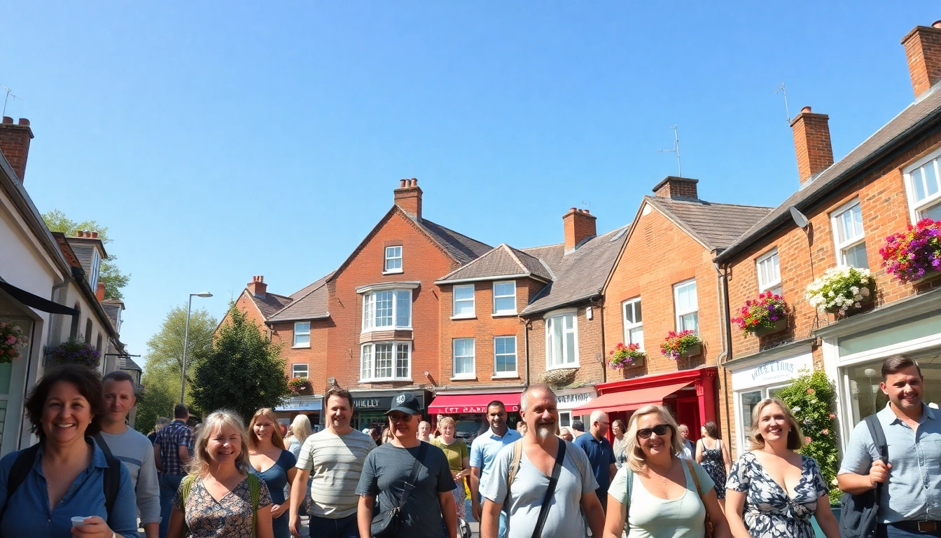A lively street in Hersham filled with locals enjoying a sunny day and vibrant shops.