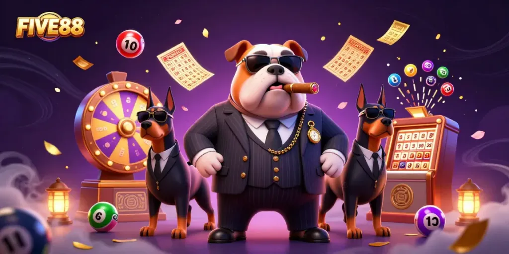 Engage with FIVE88's thrilling gaming experience featuring a mafia boss and game elements.