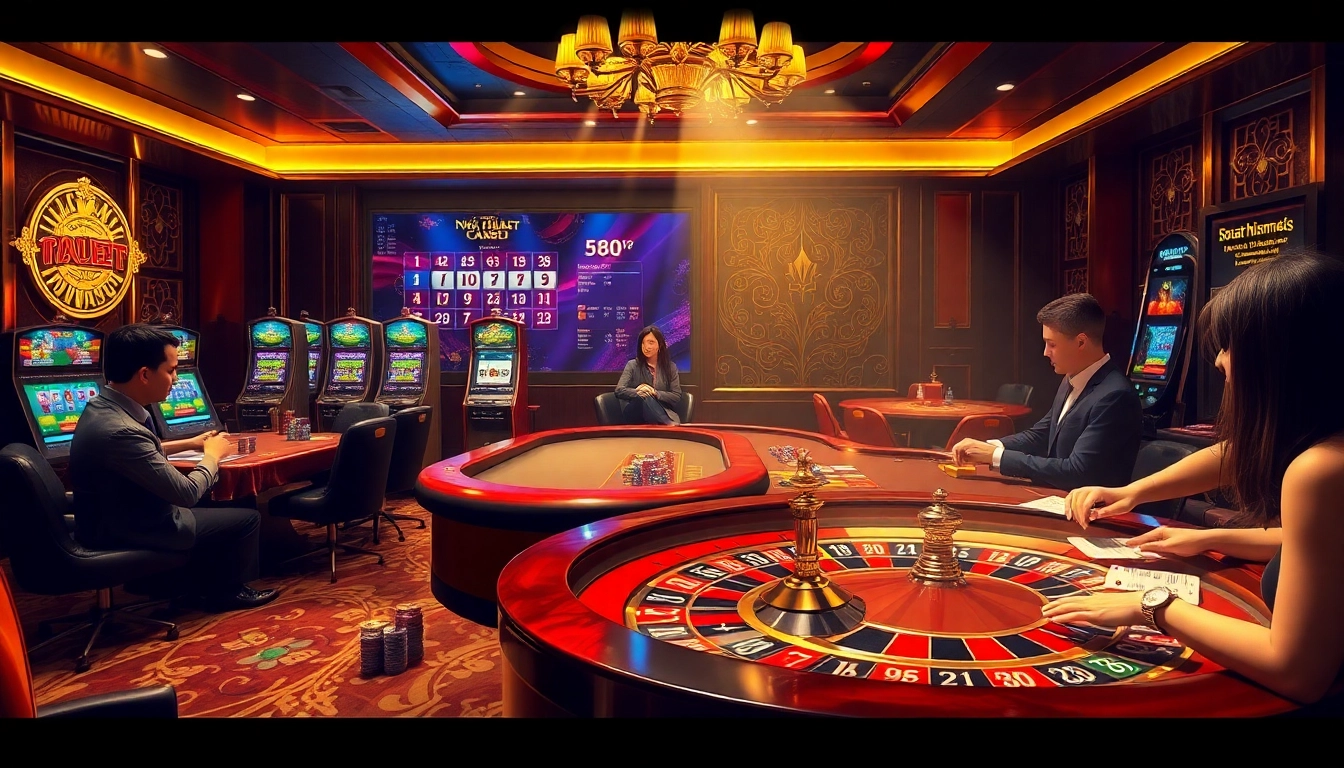 Players enjoying a thrilling game at Nhà cái Thabet casino with vibrant tables and luxurious ambiance.