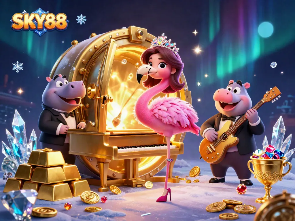 Sky88 offers a vibrant casino experience featuring a singing flamingo at a golden piano.