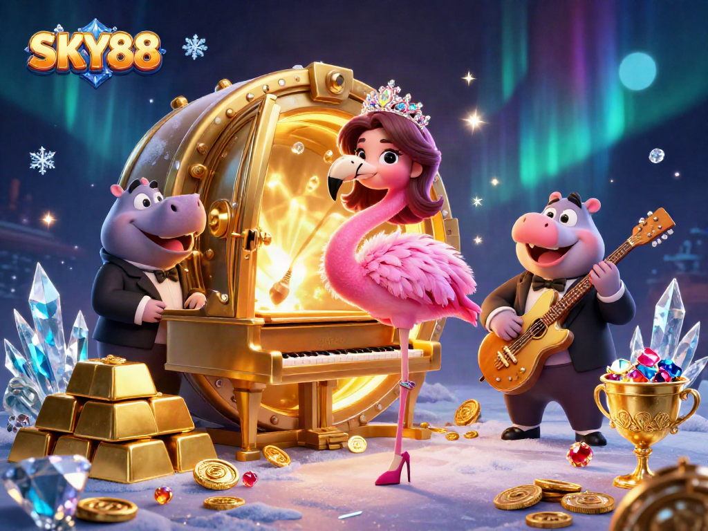 Sky88 offers a vibrant casino experience featuring a singing flamingo at a golden piano.