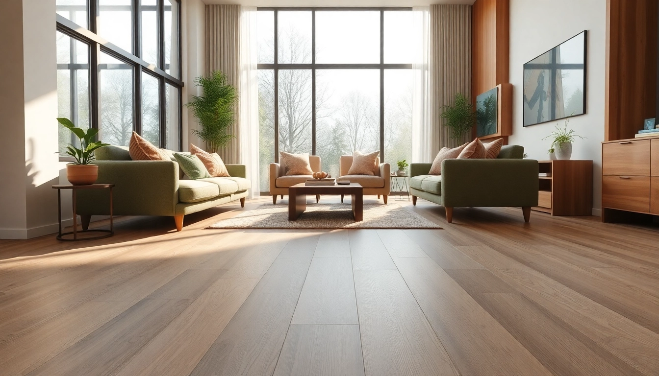 Showcasing waterproof vinyl flooring in a modern living room setting with natural light illuminating the space.
