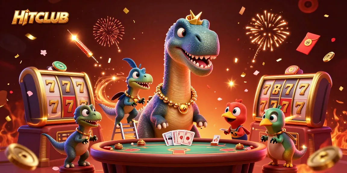 HITCLUB scene showcasing a giant brontosaurus with a raptor dealer amidst dynamic casino elements.