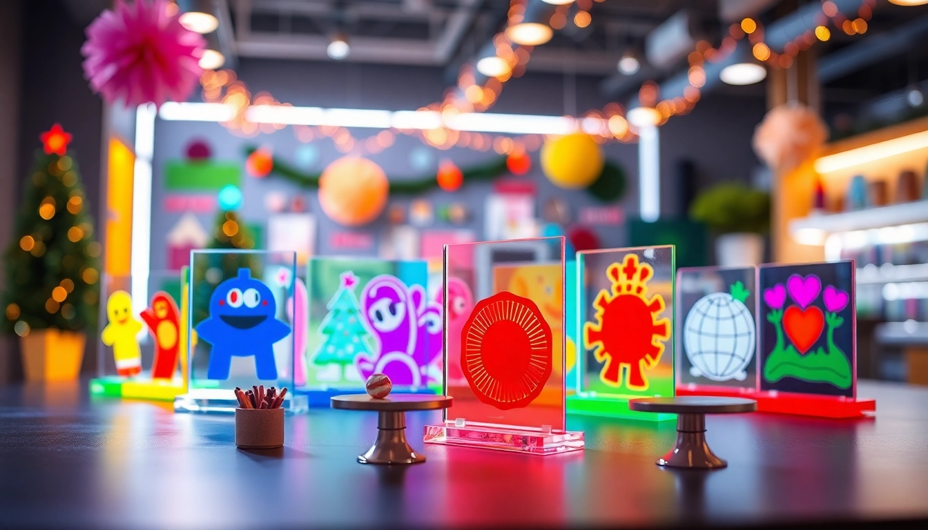 Showcase unique acrylic standees in dynamic display with vibrant colors.