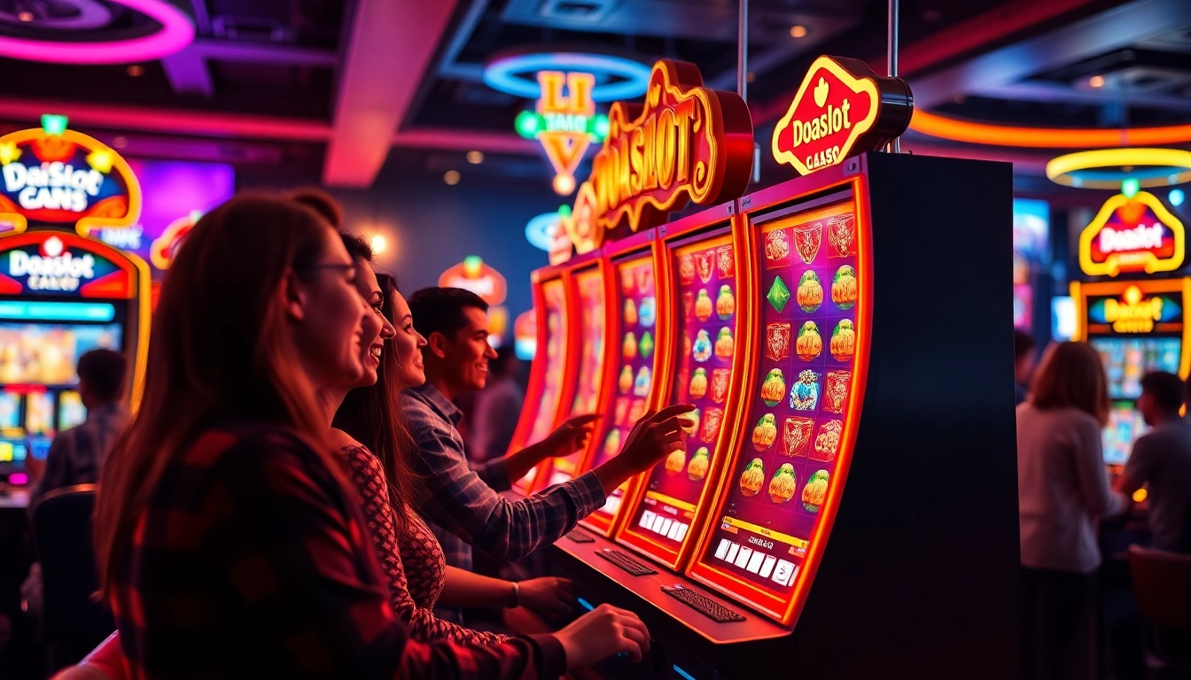 Exciting gamers enjoying the doaslot slot machine in a vibrant casino atmosphere.