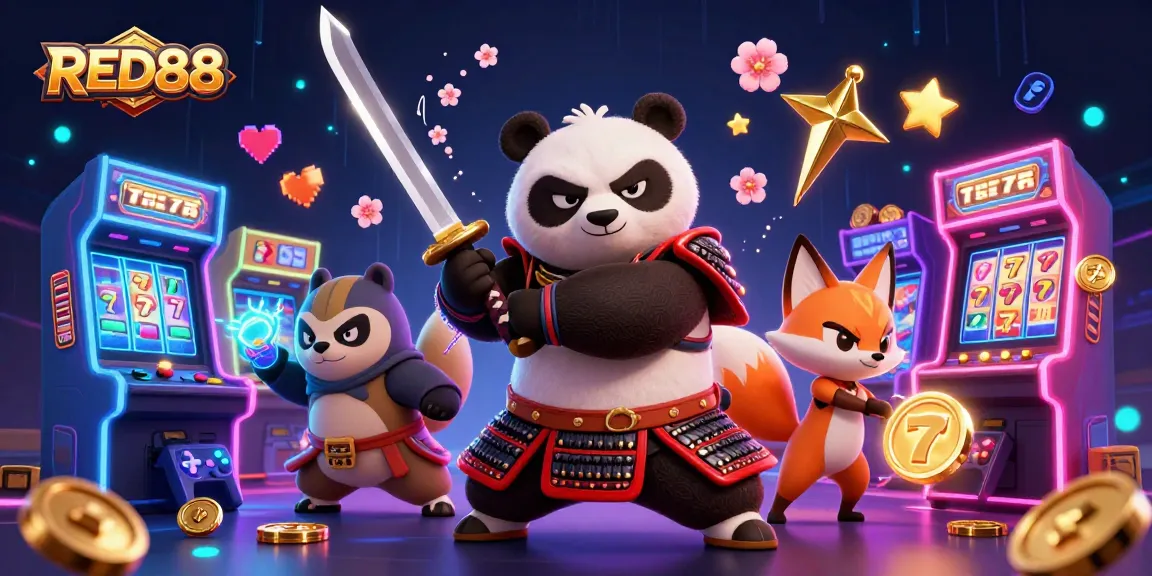 Engage with the thrilling experience of RED88, showcasing a dynamic scene of samurai panda and ninja fox amidst vibrant casino elements.