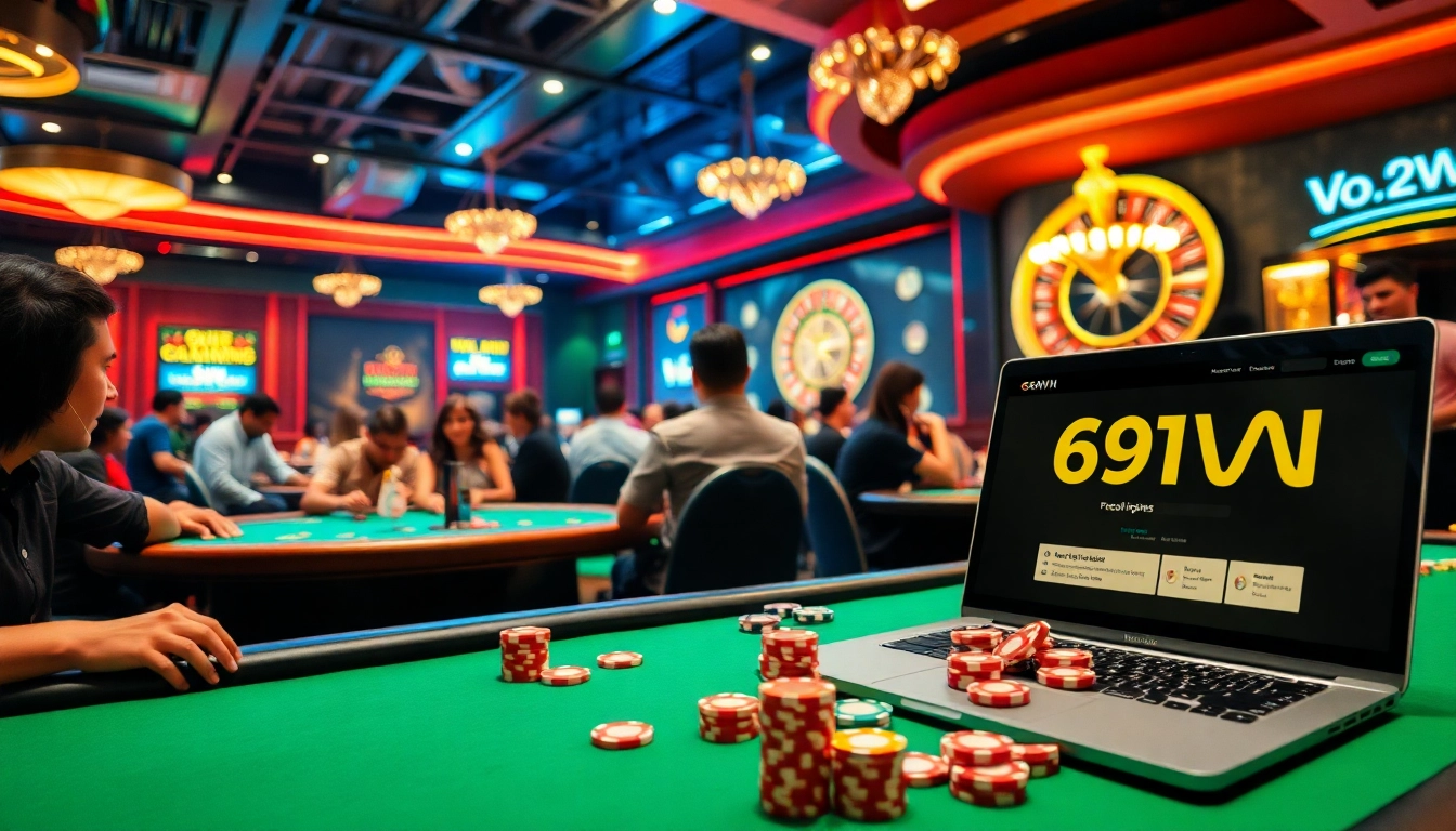 Gambling excitement at nhà cái 69VN with players at poker tables and roulette wheel in vibrant casino setting.