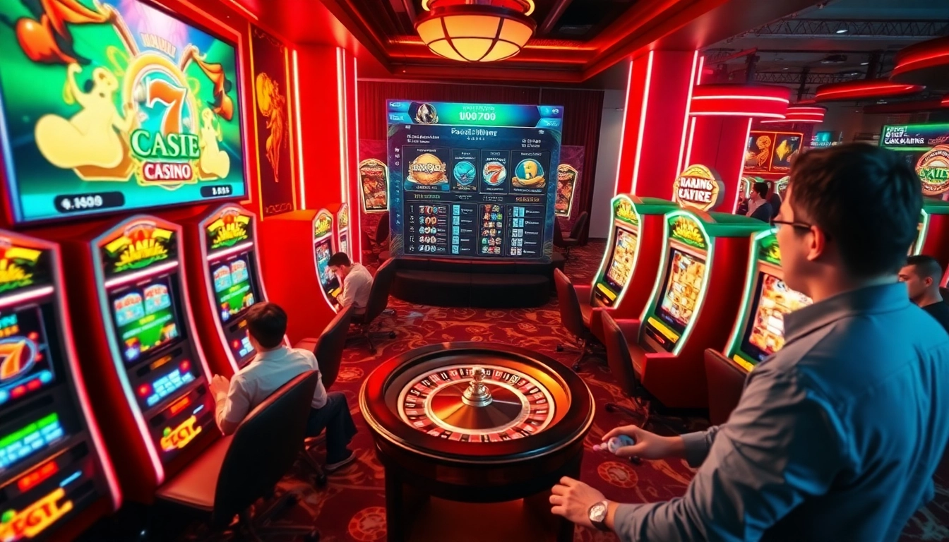 Players immersed in bắn cá đổi thưởng at a vibrant online casino with dynamic slot machines.