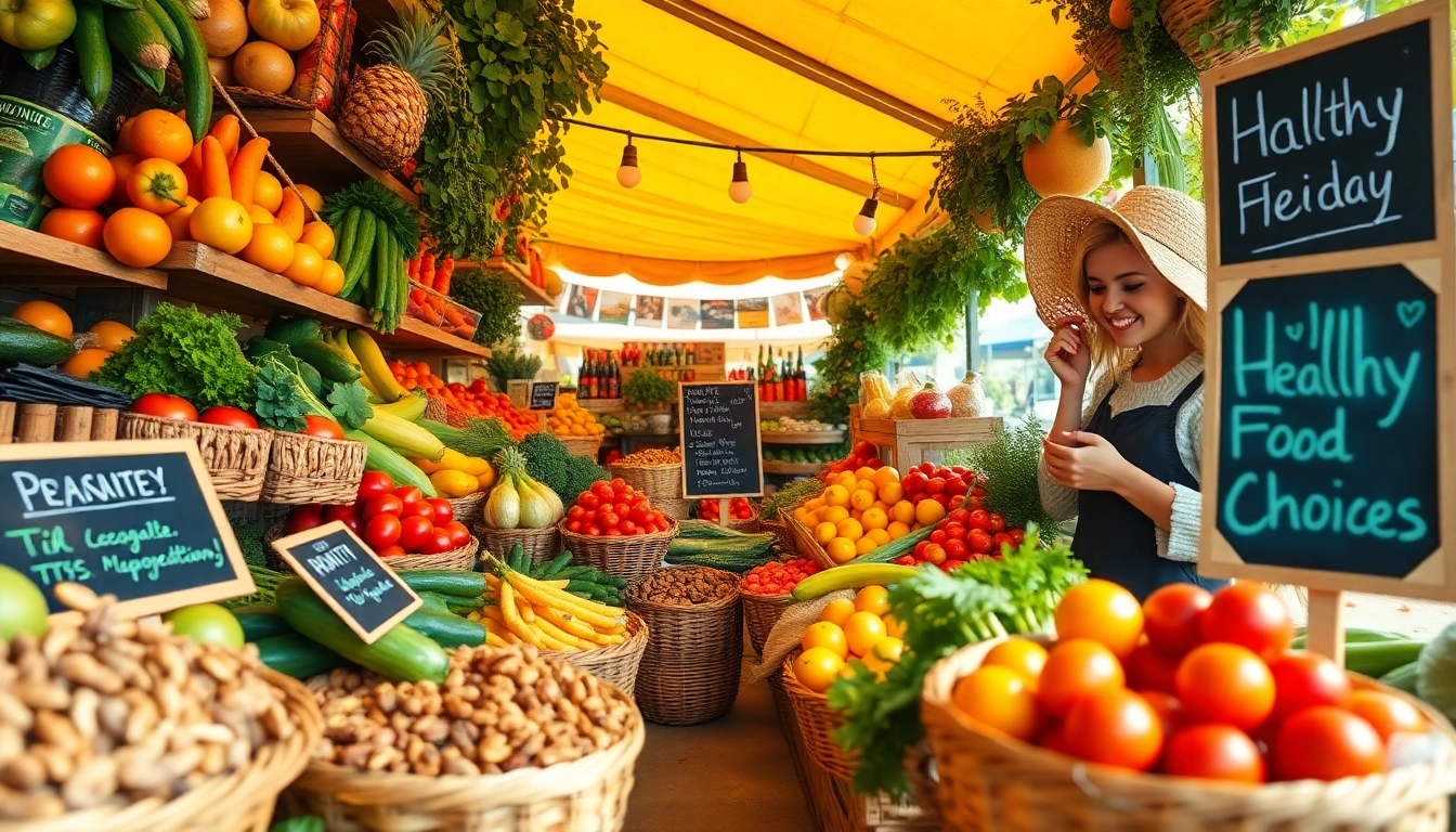Explore a vibrant market stall showcasing a variety of healthy food options like fruits, vegetables, and nuts.