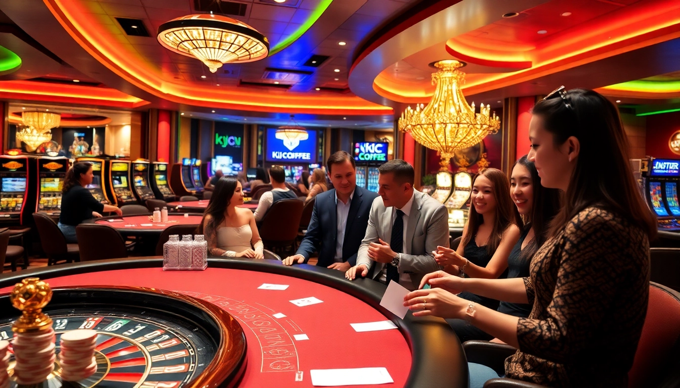 Engaging gamblers at a luxurious casino table while enjoying kjc coffee in a vibrant setting.