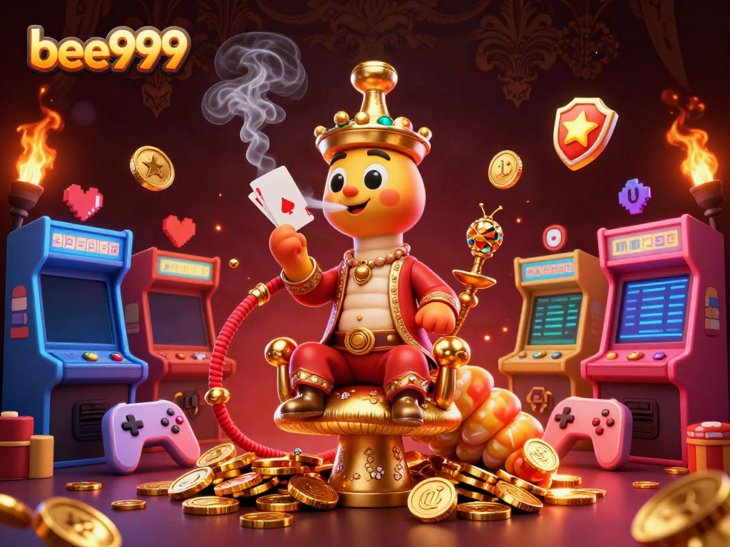 Experience the vibrant world of bee999 with a lively 3D illustration of a casino scene, featuring dynamic game elements.