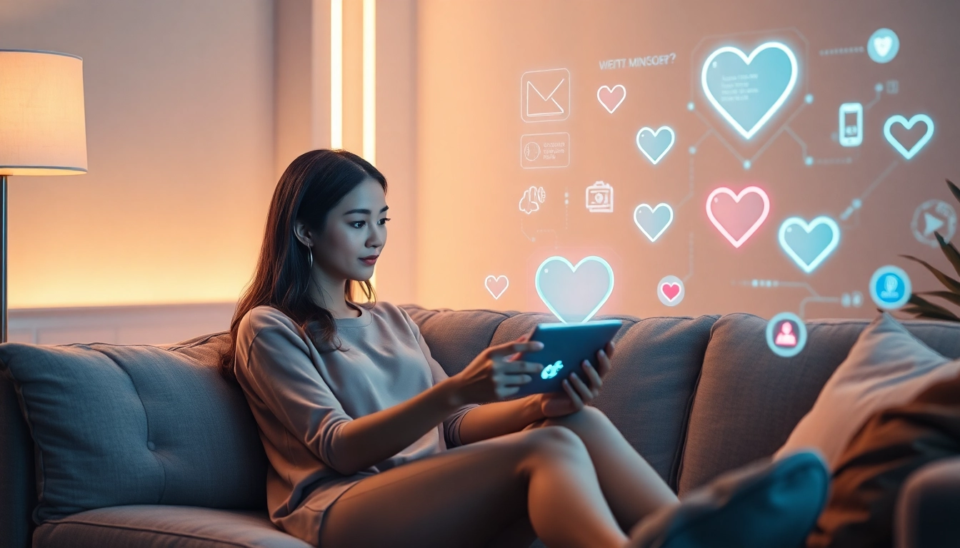 Engaging woman interacting with a sex AI device in a cozy, innovative setup.