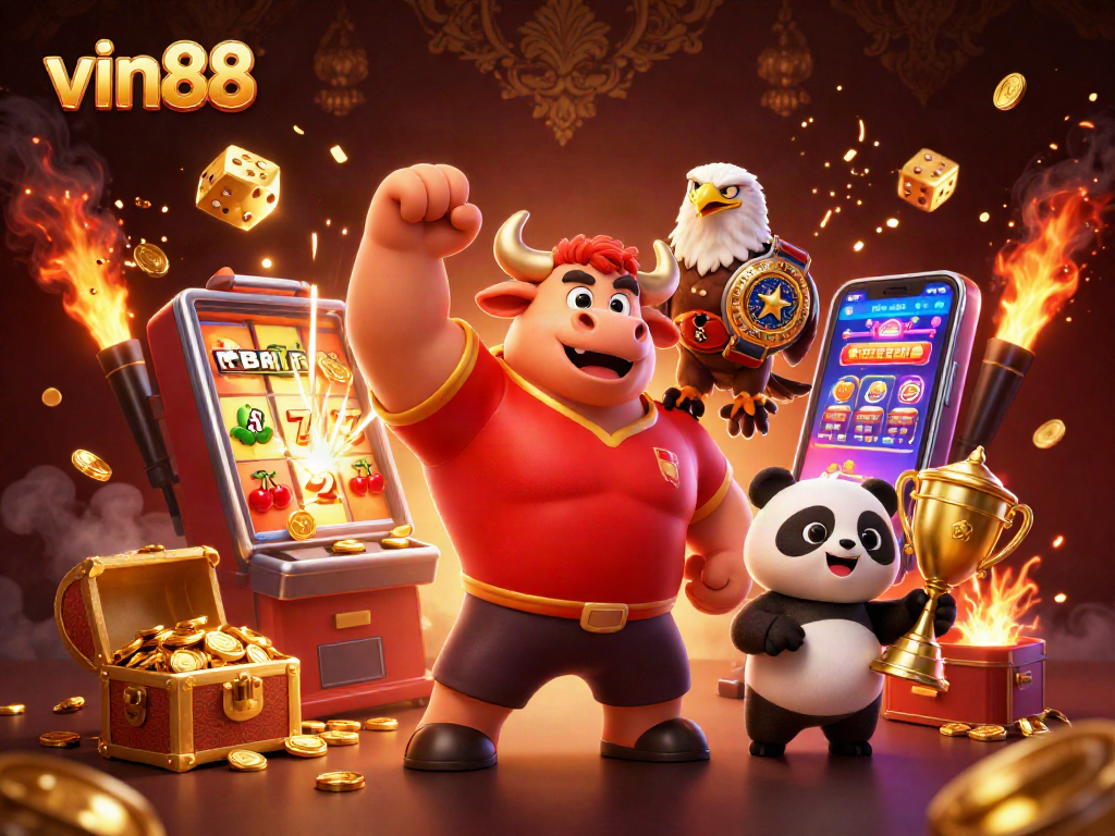 Experience vin88's exciting casino atmosphere with a victory pose cartoon mascot, golden coins, and vibrant game elements.