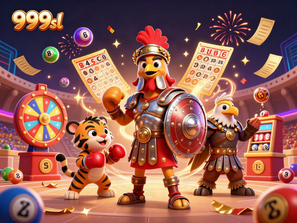 Engage with 999sl in a vibrant virtual arena filled with colorful lottery elements and festive effects.