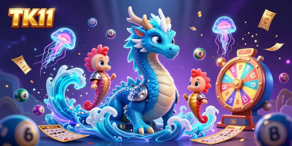 Engage with dynamic TK11 casino action featuring animated lottery balls and whimsical ocean characters.