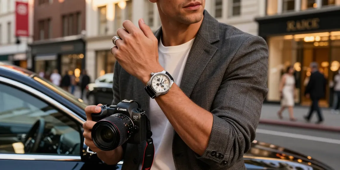 Stylish individual proudly wearing a clone watch in a vibrant city setting.