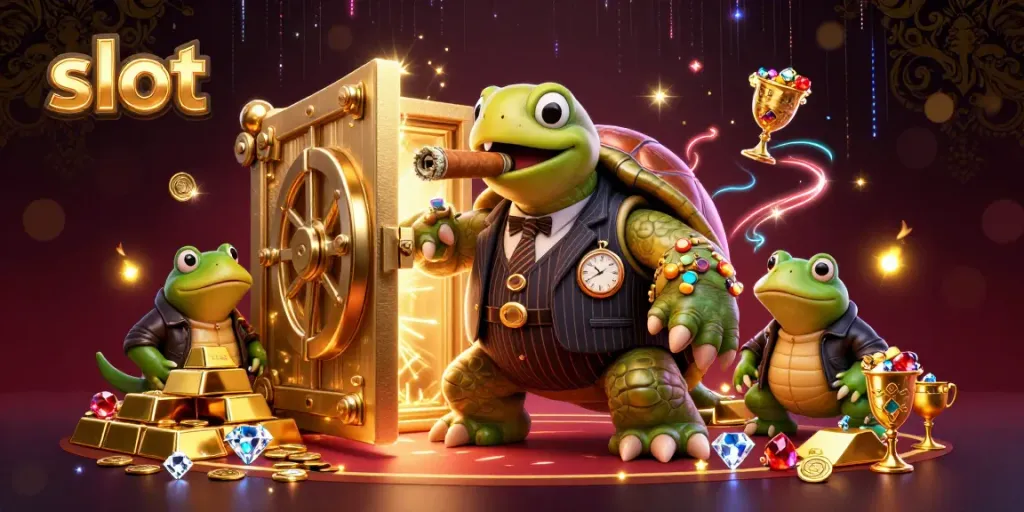 Engage with thrilling slot action in a vibrant casino scene featuring a turtle mobster and bullfrog enforcers.
