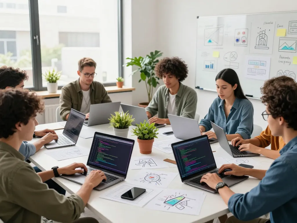 Open claw software development team collaborating with laptops and digital whiteboard in a vibrant tech workspace.