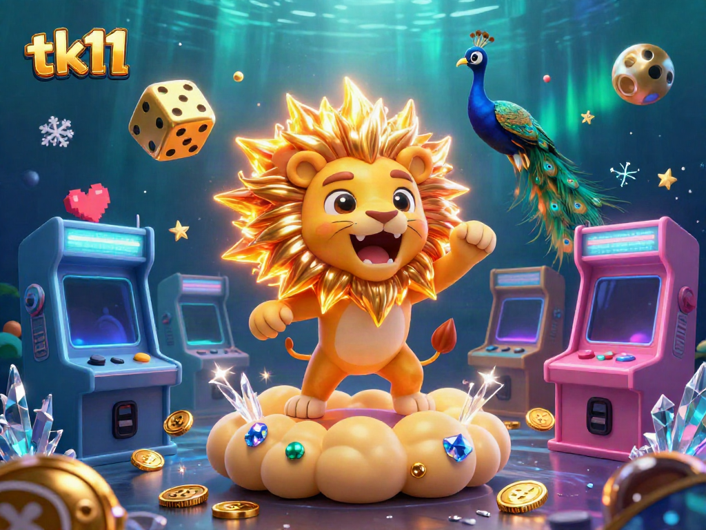 Experience the thrill of tk11 with a roaring sun lion and vibrant casino elements in this dynamic 3D scene.