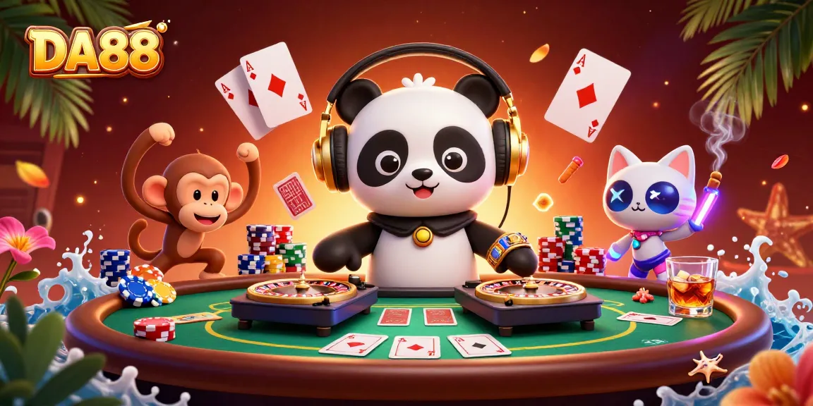 Engaging 3D scene showcasing DA88 with a DJ panda, dancing monkey, and rave kitten among casino elements.