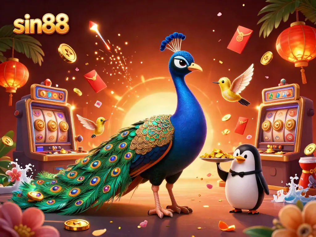 Experience excitement at sin88 with vibrant characters and spinning slot machines in a colorful casino scene.