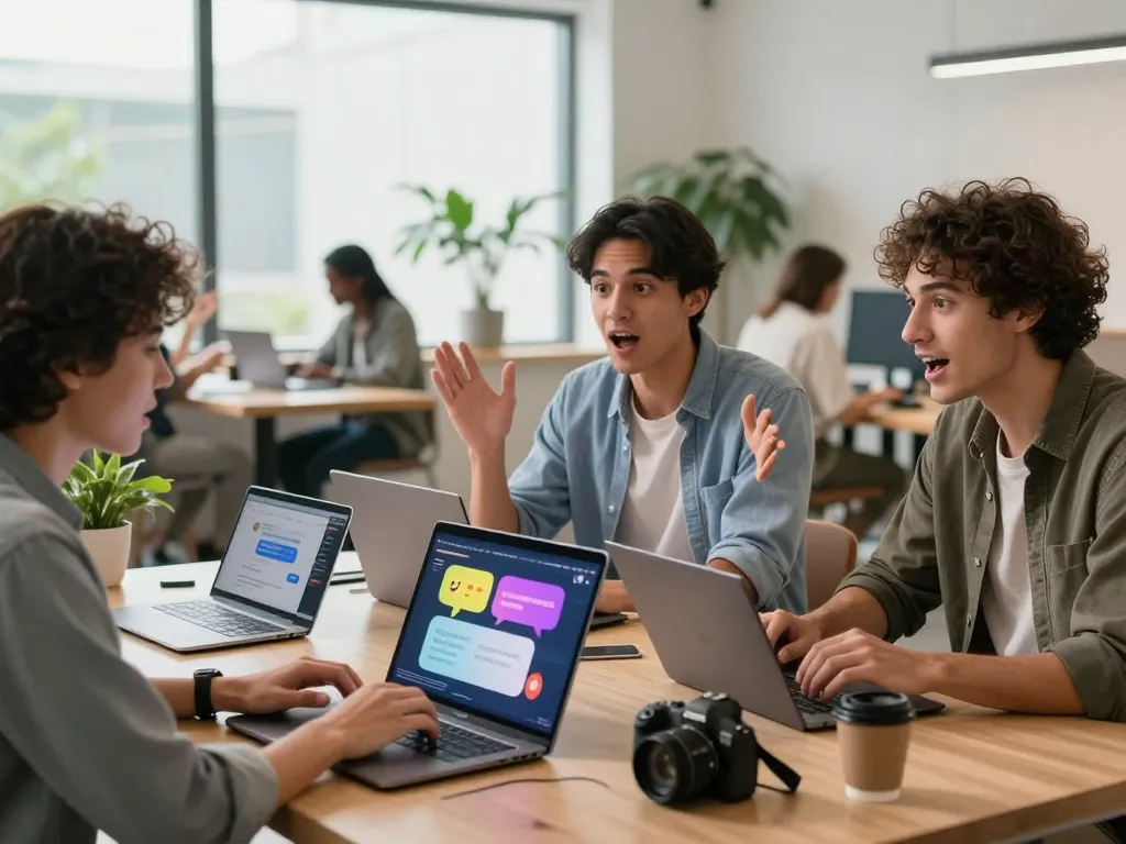 Interactive spicy chat session with diverse users in a modern tech workspace.