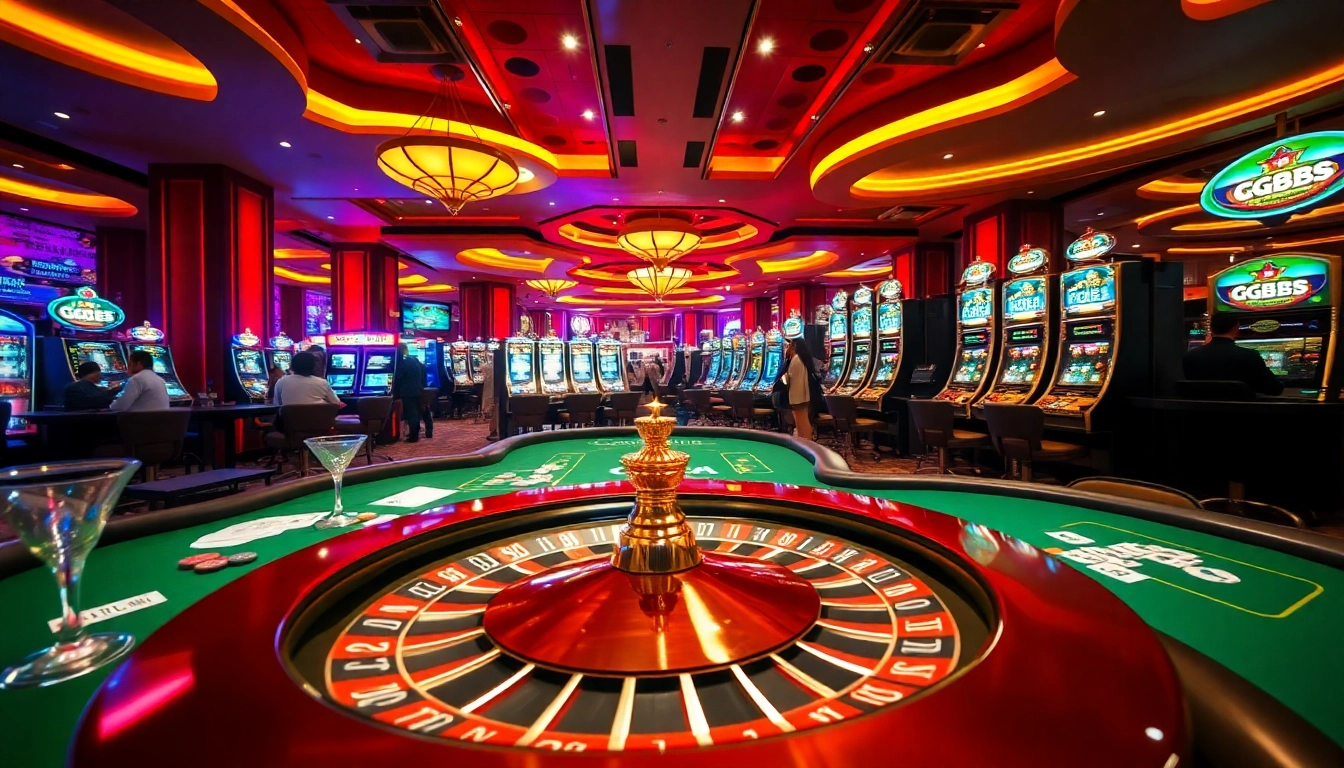 Exciting casino scene showcasing GG88 gambling action with roulette, poker tables, and slot machines.