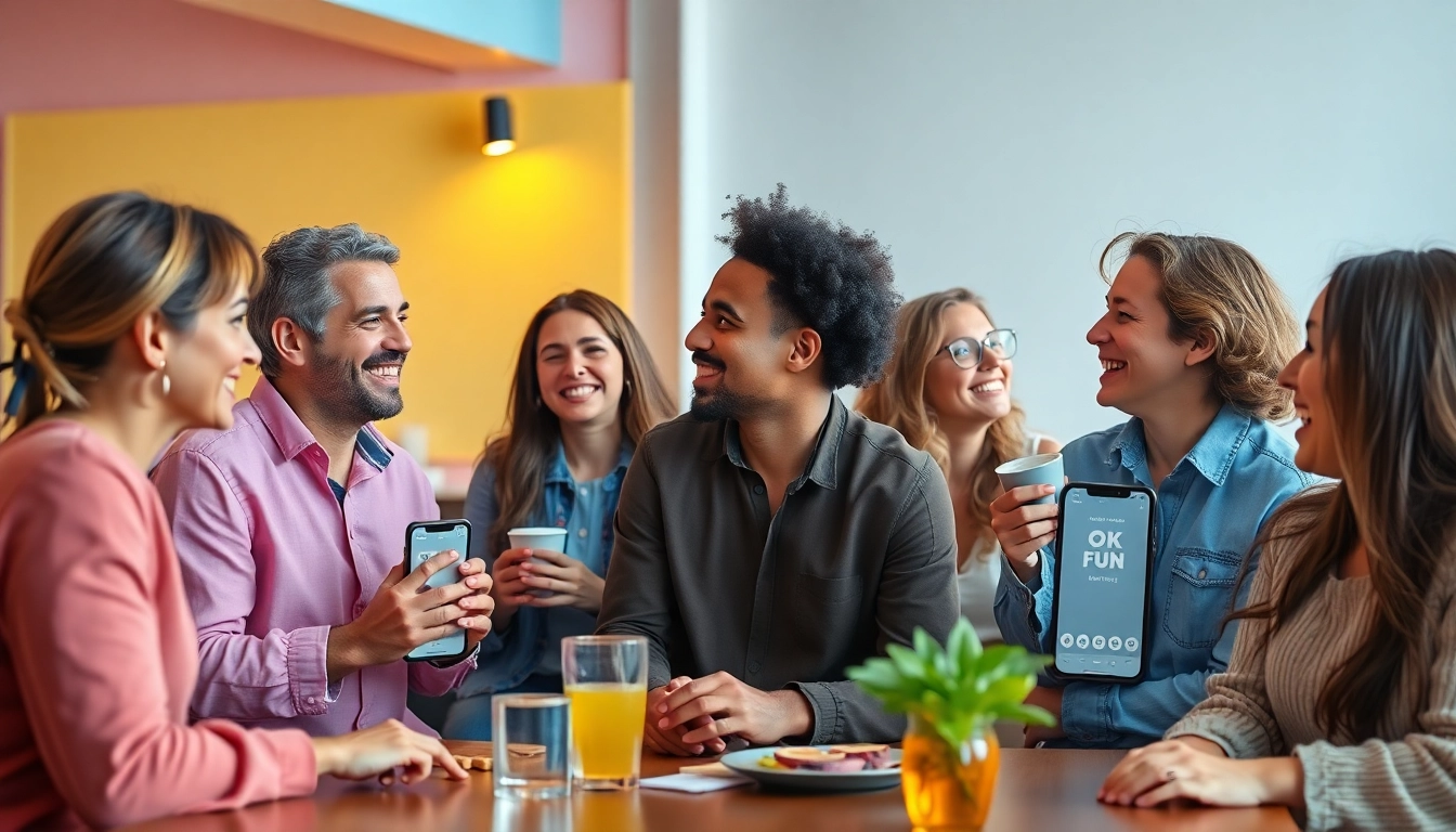 Dynamic scene showcasing diverse individuals enjoying dating through the OK FUN app.