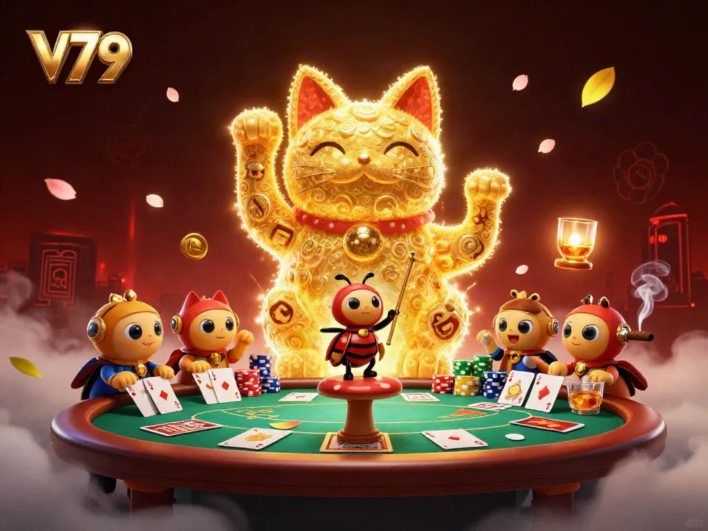 Experience the excitement of V79 casino with a 3D lucky cat illustration and vibrant poker elements.