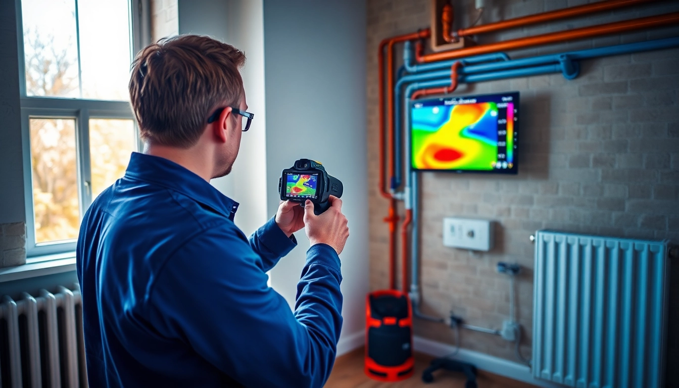 Technician detecting a central heating hidden leak using thermal imaging technology in a modern home.
