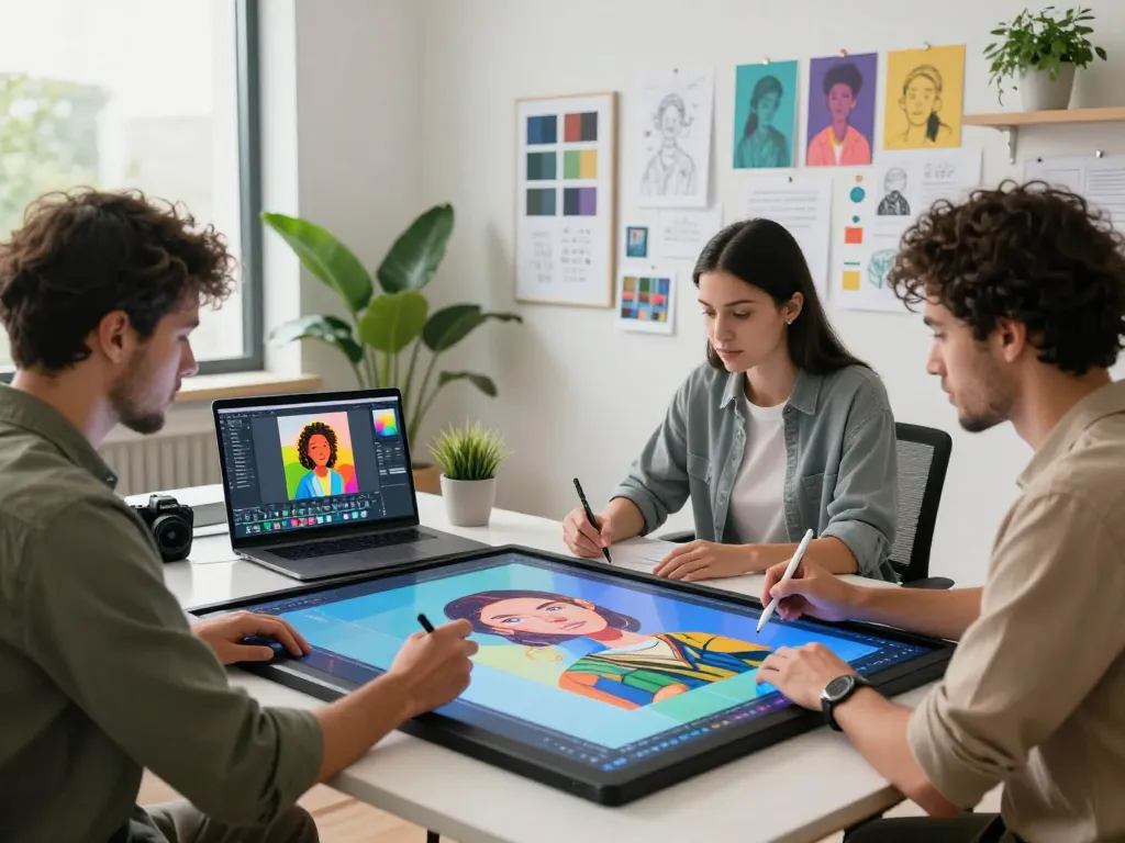 Digital artists collaborating with nano banana pro AI image editor in a modern workspace.