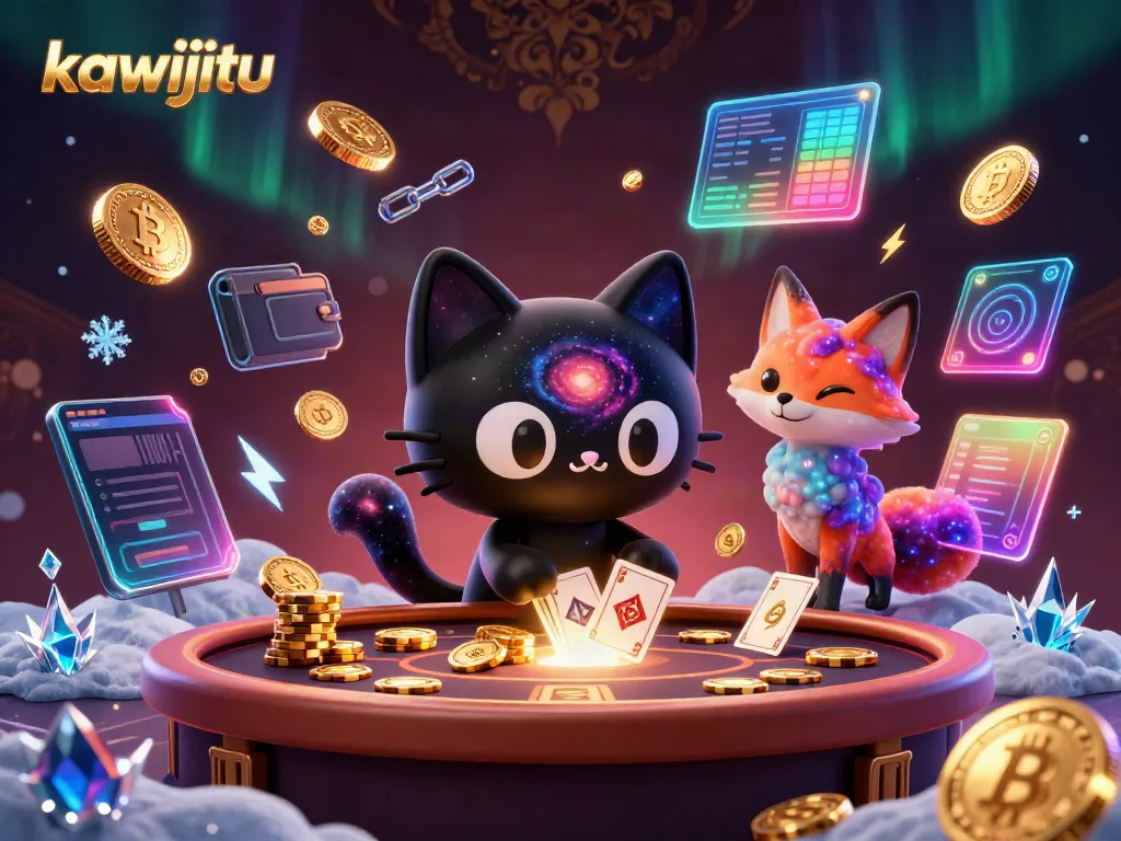 Engage with kawijitu at a cosmic casino table surrounded by glowing cryptocurrency elements.