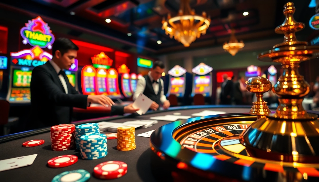 Engaging casino scene with THABET gaming tables, featuring poker chips and a roulette wheel.