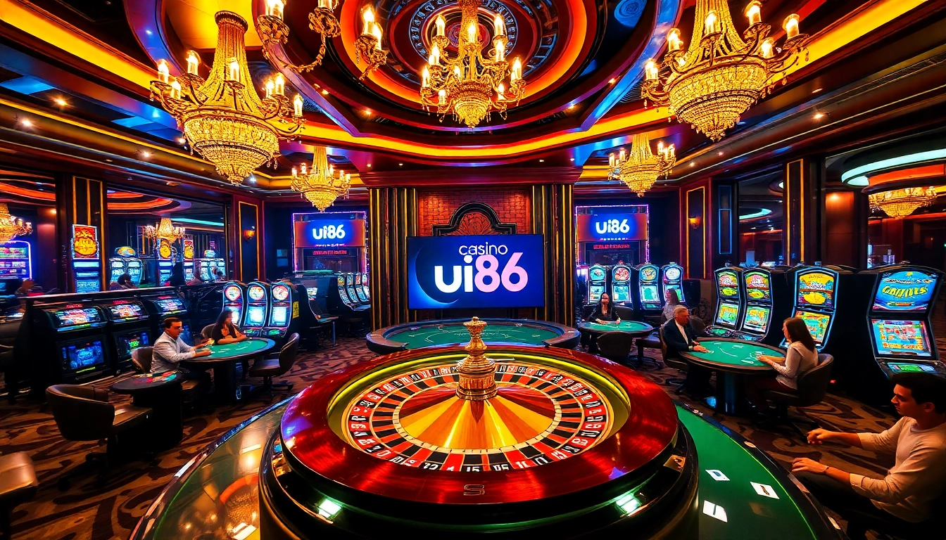 Thrilling gameplay at casino uu88 featuring poker tables, roulette wheel, and vibrant slot machines.
