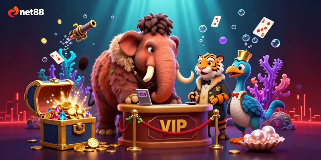 Experience thrilling gaming action at net88 with cartoon characters in a lively casino scene.