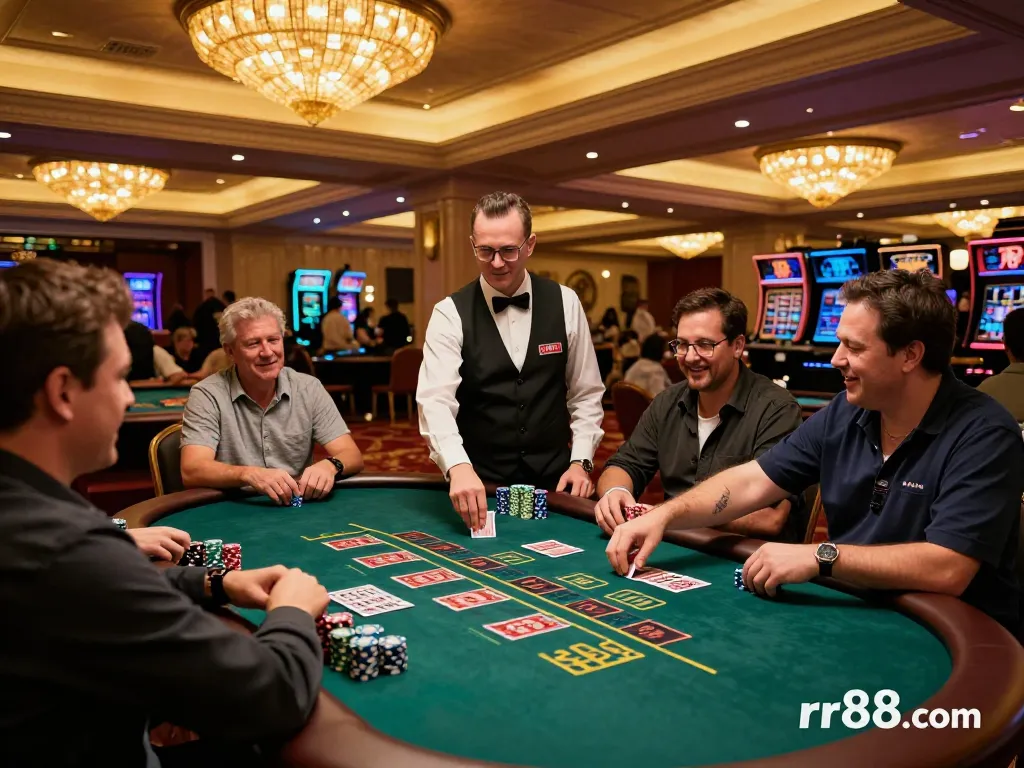 Players strategizing at a rr88 blackjack table with vibrant casino lighting and stacked chips