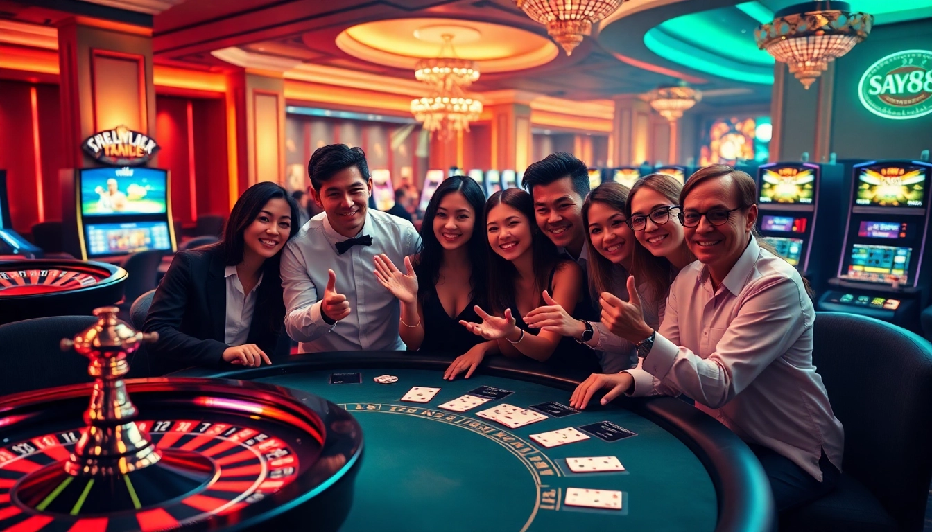 Exciting gaming atmosphere at say88 nhà cái with players enjoying roulette and poker.
