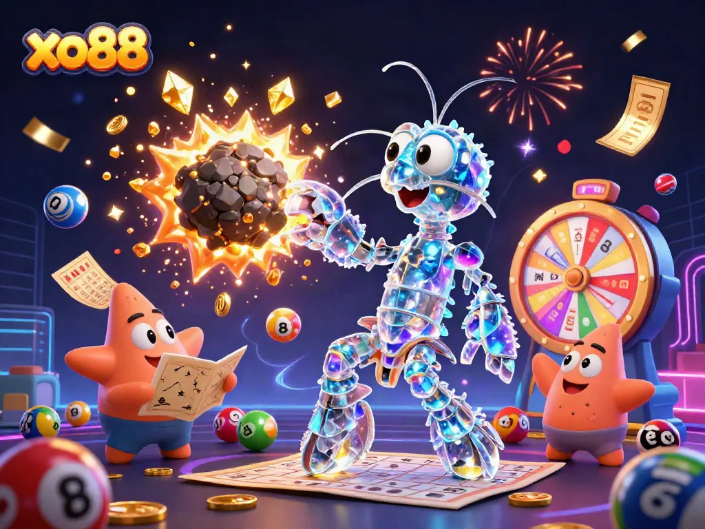 Win rewards at xo88 with dynamic lottery-themed 3D illustration filled with exciting gaming elements