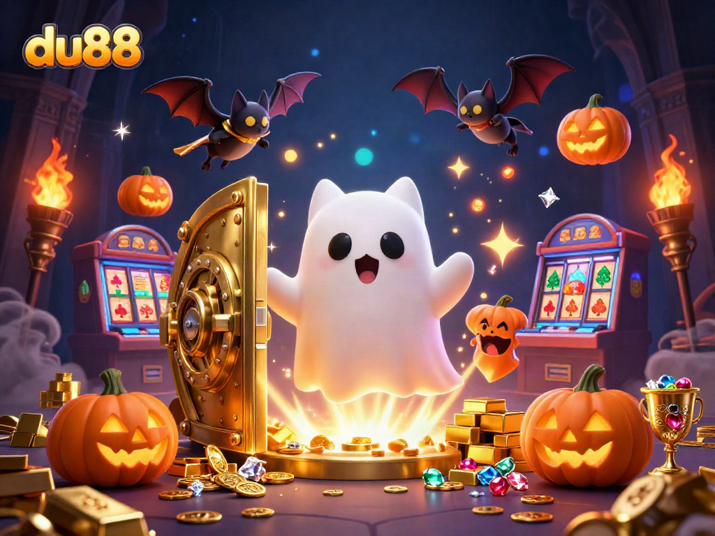 Experience thrilling wins at du88 with a friendly ghost cat and treasures in vibrant casino art.