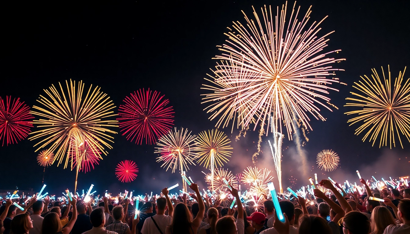 Witness dazzling diamond fireworks illuminating the night sky at a vibrant celebration.