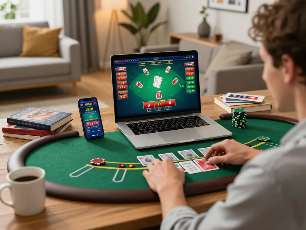 Engage in the excitement of u888 with a live dealer blackjack game on a laptop at home.