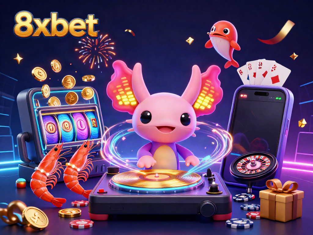 Experience vibrant action with an axolotl DJ and gambling elements celebrating at 8xbet casino.